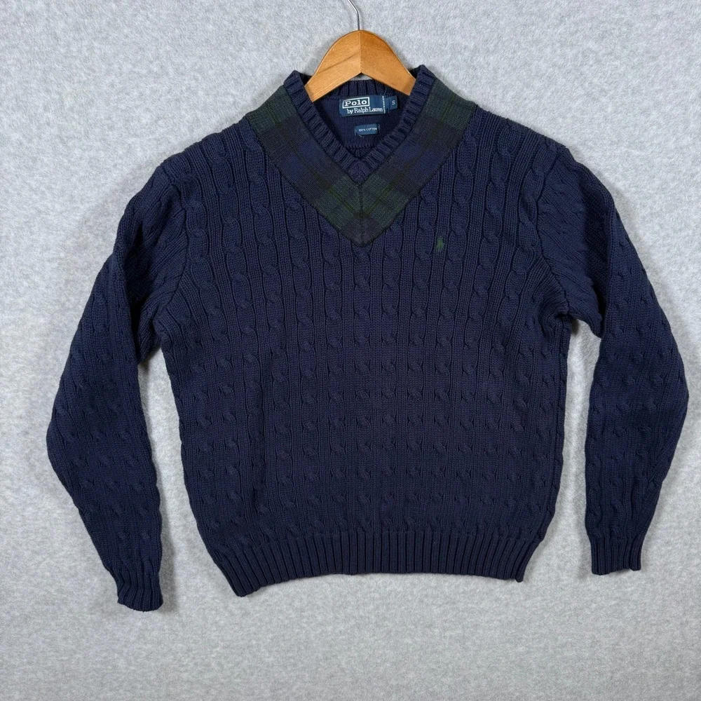 Polo Ralph Lauren Mens Navy Cable Knit V-Neck Sweater Small Hong Kong Vintage